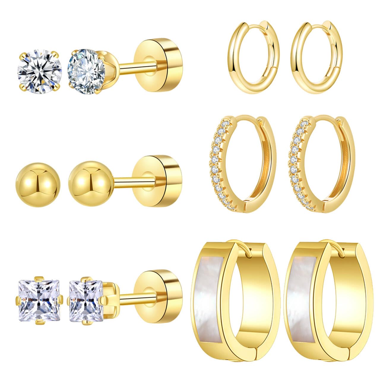 Stainless Steel Gold/Silver Plated Hoop Earrings for Women, Hypoallergenic 14k Gold Hoops Huggie Earrings Lightweight Cartilage Small CZ Ball Flatback Studs Earring Pack for Multiple Piercing